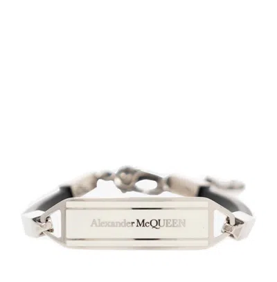 Alexander Mcqueen Logo Embroidered Plate Bracelet In Argento