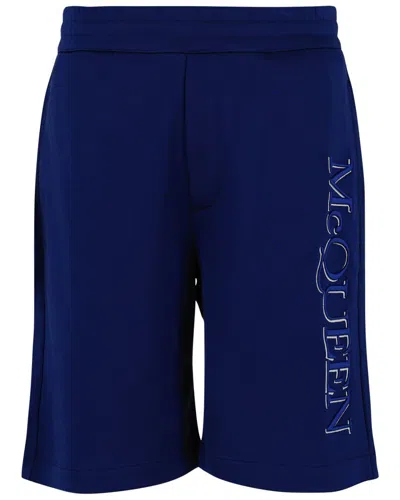 Alexander Mcqueen Men's Shorts With Embroidered Logo In Blue