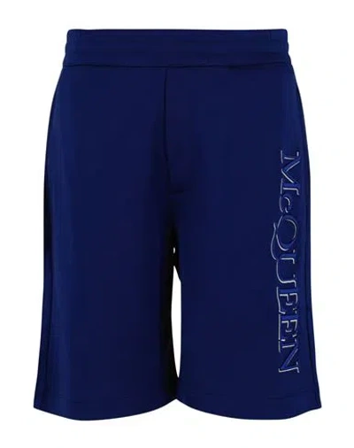 Alexander Mcqueen Men's Shorts With Embroidered Logo In Blue