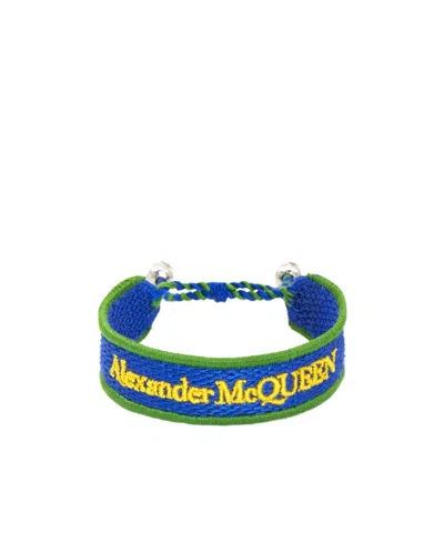 Alexander Mcqueen Logo-embroidery Cord Bracelet In Blue