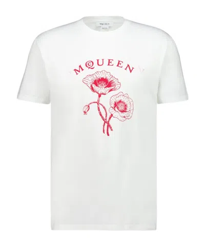 Alexander Mcqueen Logo Flower Printed Crewneck T-shirt In White