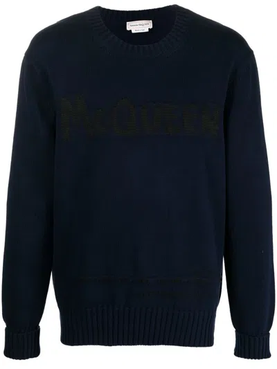 Alexander Mcqueen Logo-intarsia Crew Neck Jumper In Blue