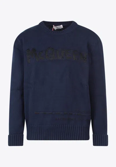 Alexander Mcqueen Logo-intarsia Crew Neck Jumper In Navy