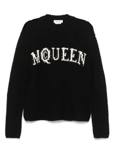 Alexander Mcqueen Textured Black Crewneck Sweater With Ivory Logo