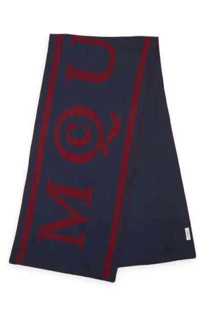 Alexander Mcqueen Logo Jacquard Wool Scarf In Dark Navy/coral