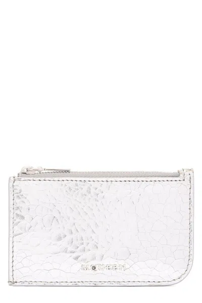 Alexander Mcqueen Leather Zip-up Sling Card Holder In Silver