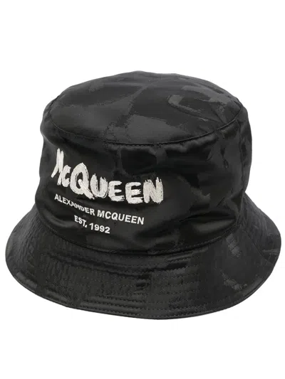 Alexander Mcqueen Black Bucket Hat With Tonal Graffiti Logo In Polyester In Black2