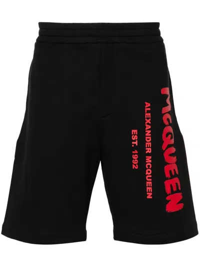 Alexander Mcqueen Sleek Cotton Shorts With Bold Logo Print And Comfortable Fit In Black