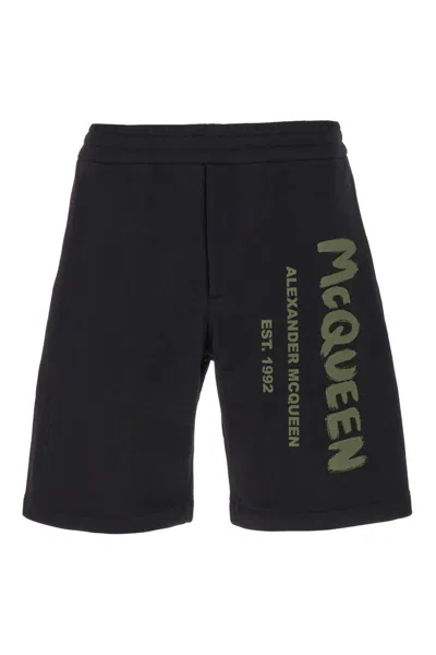 Alexander Mcqueen Graffiti Logo Cotton Sweat Shorts In Black