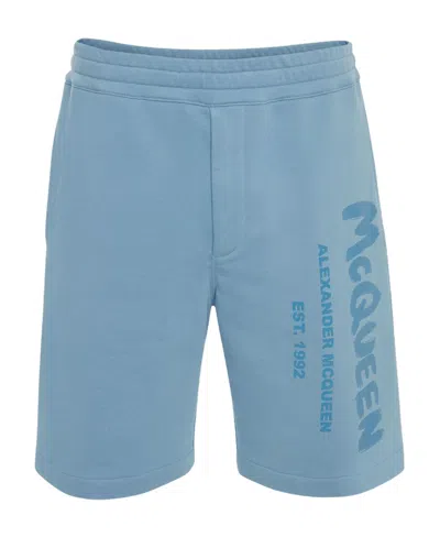 Alexander Mcqueen Logo-print Cotton Shorts In Blue