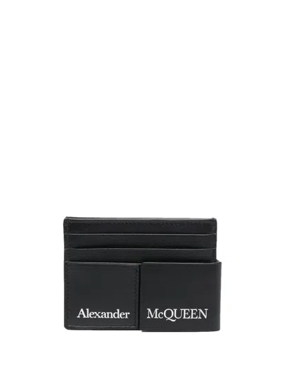 Alexander Mcqueen Leather Card Holder With Logo Print In Black