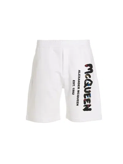 Alexander Mcqueen Watercolor Logo Bermuda Shorts In White