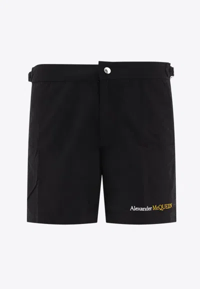 Alexander Mcqueen Logo Print Swim Shorts In Black