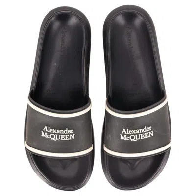 Pre-owned Alexander Mcqueen Logo Rubber Sliders In Black