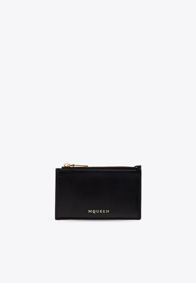 Alexander Mcqueen Logo Stamped Leather Zip Cardholder In Black