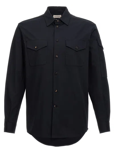 Alexander Mcqueen Tape Detail Chino Cotton Shirt In Blue