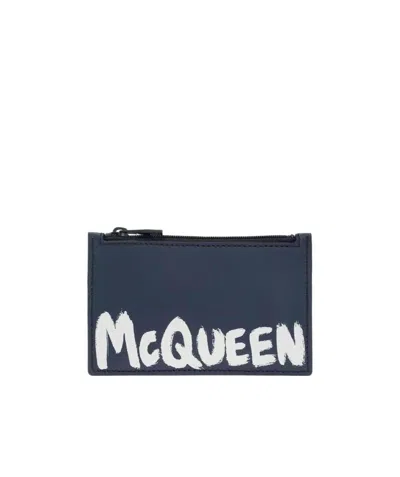 Alexander Mcqueen Logo Printed Zipped Wallet In Blue