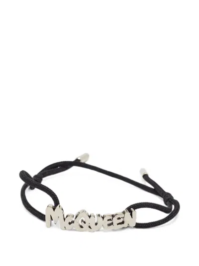 Pre-owned Alexander Mcqueen Logo-plaque Cord Bracelet In Silver