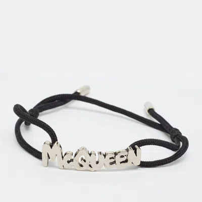 Pre-owned Alexander Mcqueen Logo-plaque Silver Tone Cord Bracelet