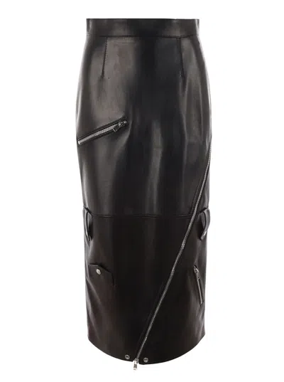 Alexander Mcqueen Long Black Skirt With Zip Embellishment In Smooth Leather Woman In Multicolor