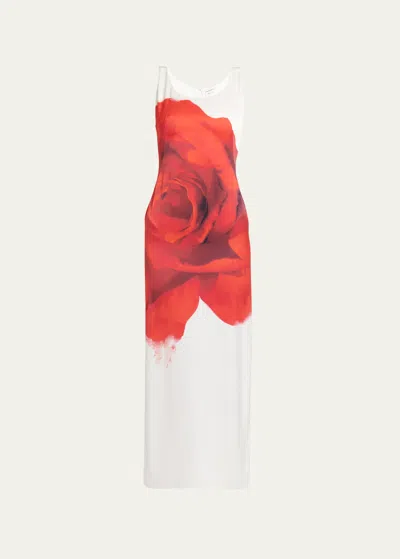Alexander Mcqueen Bleeding Rose-print Satin Dress In Optical White