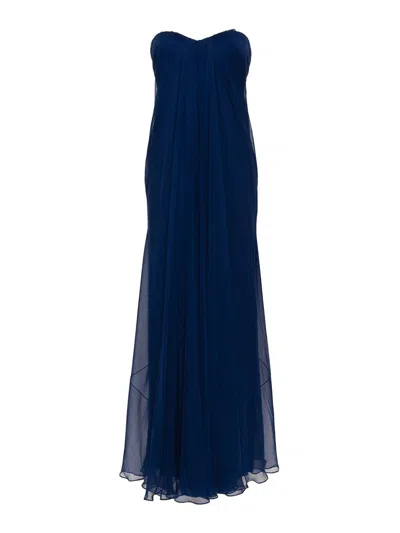 Alexander Mcqueen Bustier Silk Strapless Dress In Blue