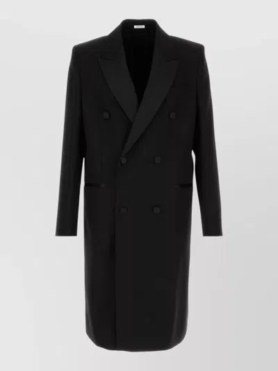 Alexander Mcqueen Long Double Breasted Wool Coat Notch Lapels In Black
