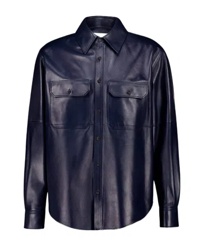 Alexander Mcqueen Long Sleeve Logo Embossed Leather Shirt In Blue