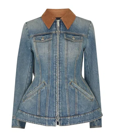 Alexander Mcqueen Corduroy Collar Peplum Denim Jacket Clothing In Blue