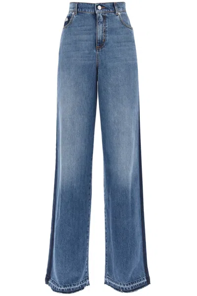 Alexander Mcqueen Loose Fit Wide Leg Blue Jeans With Contrasting Details