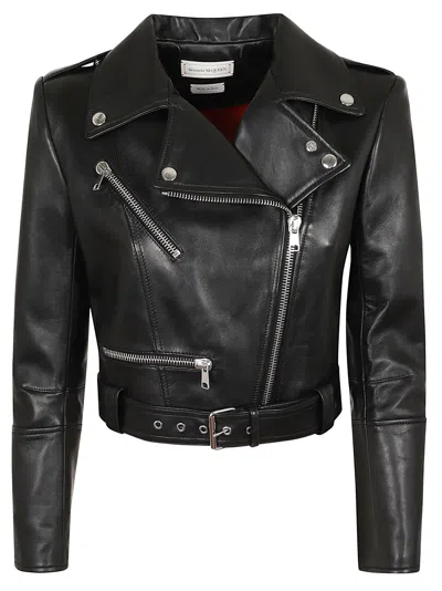 Alexander Mcqueen Cropped Biker Leather Jacket In Black