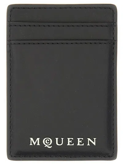Alexander Mcqueen Magnetic Card Holder With Logo In Black