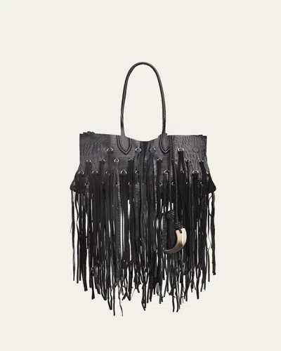 Alexander Mcqueen Manta Fringed Croc-embossed Leather Shoulder Bag In Black