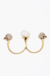 Alexander Mcqueen Gold-tone Double Ring With Crystal Embellished Skulls And Pearl In Brass