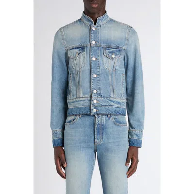 Alexander Mcqueen Mcqueen Band Collar Denim Jacket In Blue