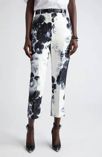 Alexander Mcqueen Mcqueen Chiaroscuro Floral High Waist Cady Cigarette Trousers In White
