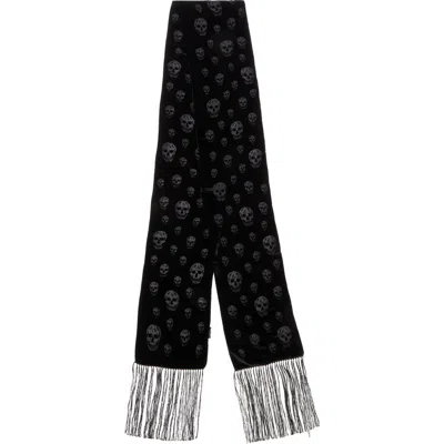 Alexander Mcqueen Mcqueen Classic Skull Velvet Fringe Scarf In Black