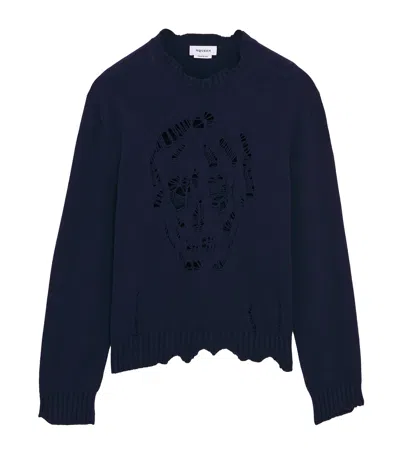 Alexander Mcqueen Mcqueen Cotton Distressed Skull Sweater In Blue
