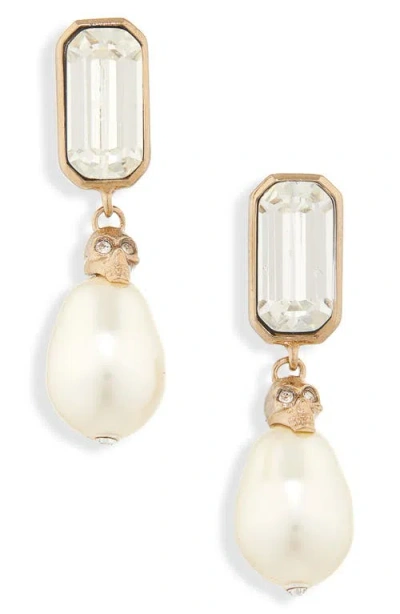 Alexander Mcqueen Mcqueen Crystal & Faux Pearl Skull Drop Earrings In Gold