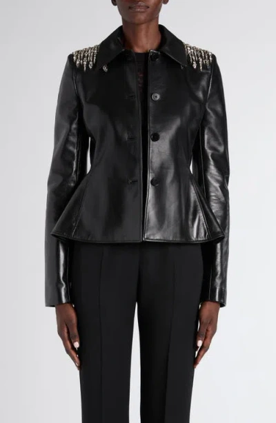 Alexander Mcqueen Mcqueen Crystal Embroidered Leather Peplum Jacket In Black