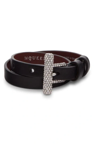 Alexander Mcqueen Mcqueen Crystal Pavé T-bar Leather Wrap Bracelet In Multi