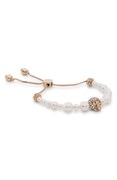 Alexander Mcqueen Mcqueen Crystal Skull & Faux Pearl Friendship Bracelet In White