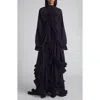 Alexander Mcqueen Mcqueen Draped Ruffle Long Sleeve Silk Georgette Gown In Blue