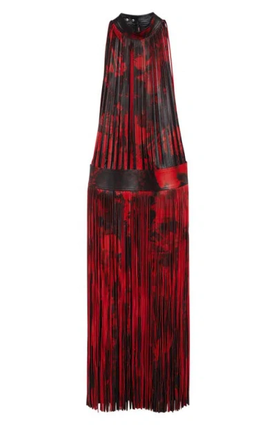 Alexander Mcqueen Mcqueen Floral Fringe Leather Maxi Dress In Red