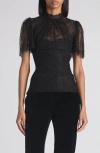 Alexander Mcqueen High Neck Sheer Lace Short Sleeve Top In Black