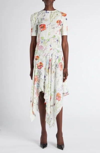 Alexander Mcqueen Mcqueen Floral Print Asymmetric Crepe Dress In White