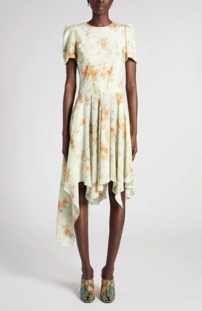 Alexander Mcqueen Mcqueen Floral Print Asymmetric Hem Silk Dress In White