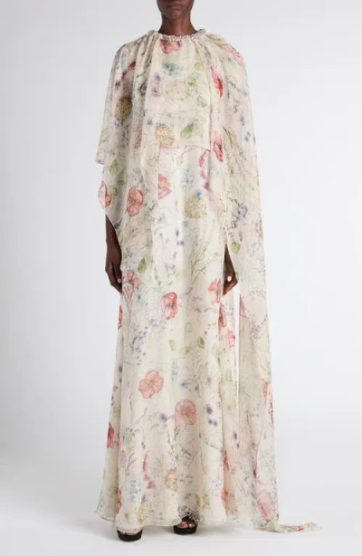 Alexander Mcqueen Mcqueen Floral Print Silk Cape Dress In White