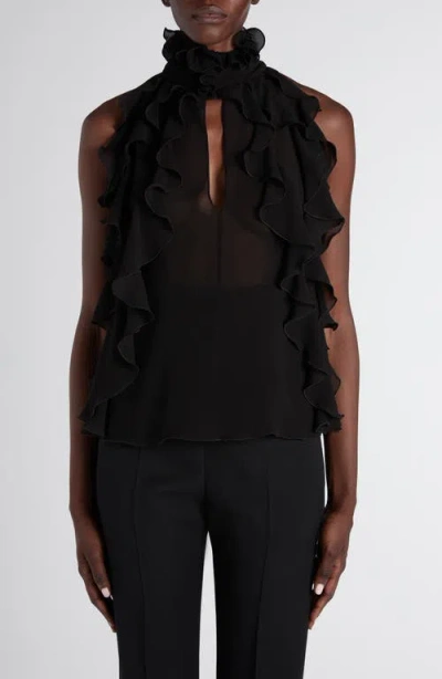 Alexander Mcqueen Mcqueen High Neck Ruffle Silk Georgette Top In Black