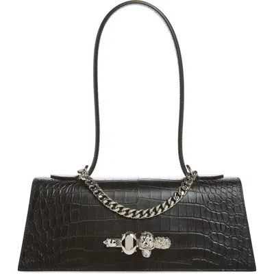 Alexander Mcqueen Mcqueen Jewelled Croc Embossed Top Handle Bag In Black